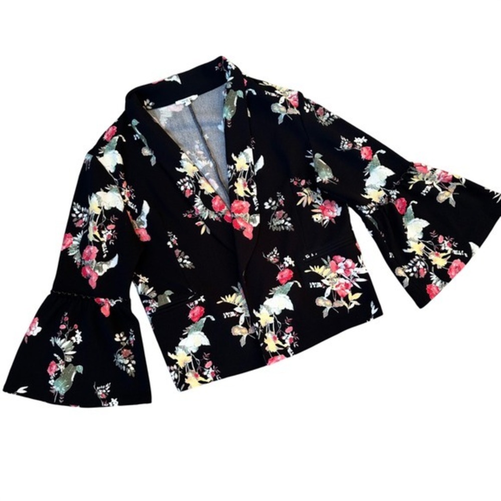 Maurices Floral Blazer Womens XL Black Bell Sleeve Open Front Cropped Jacket